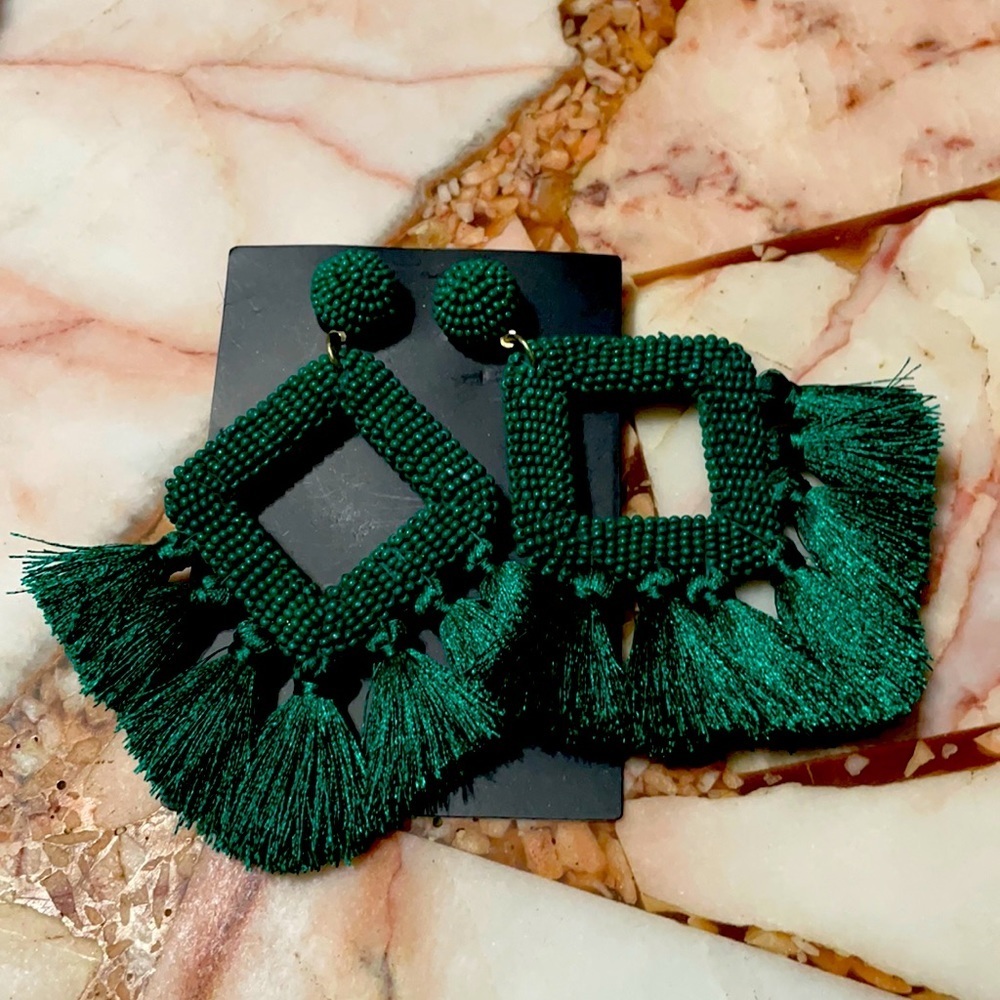 Beaded Tassel Emerald Green colored Pierced earrings!
